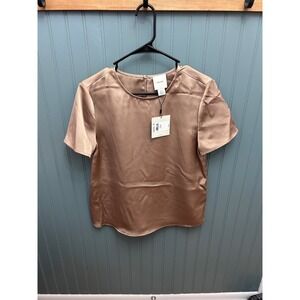 Calvin Klein Amphora Satin Short Sleeve Top Women's Small Bronze quiet luxury